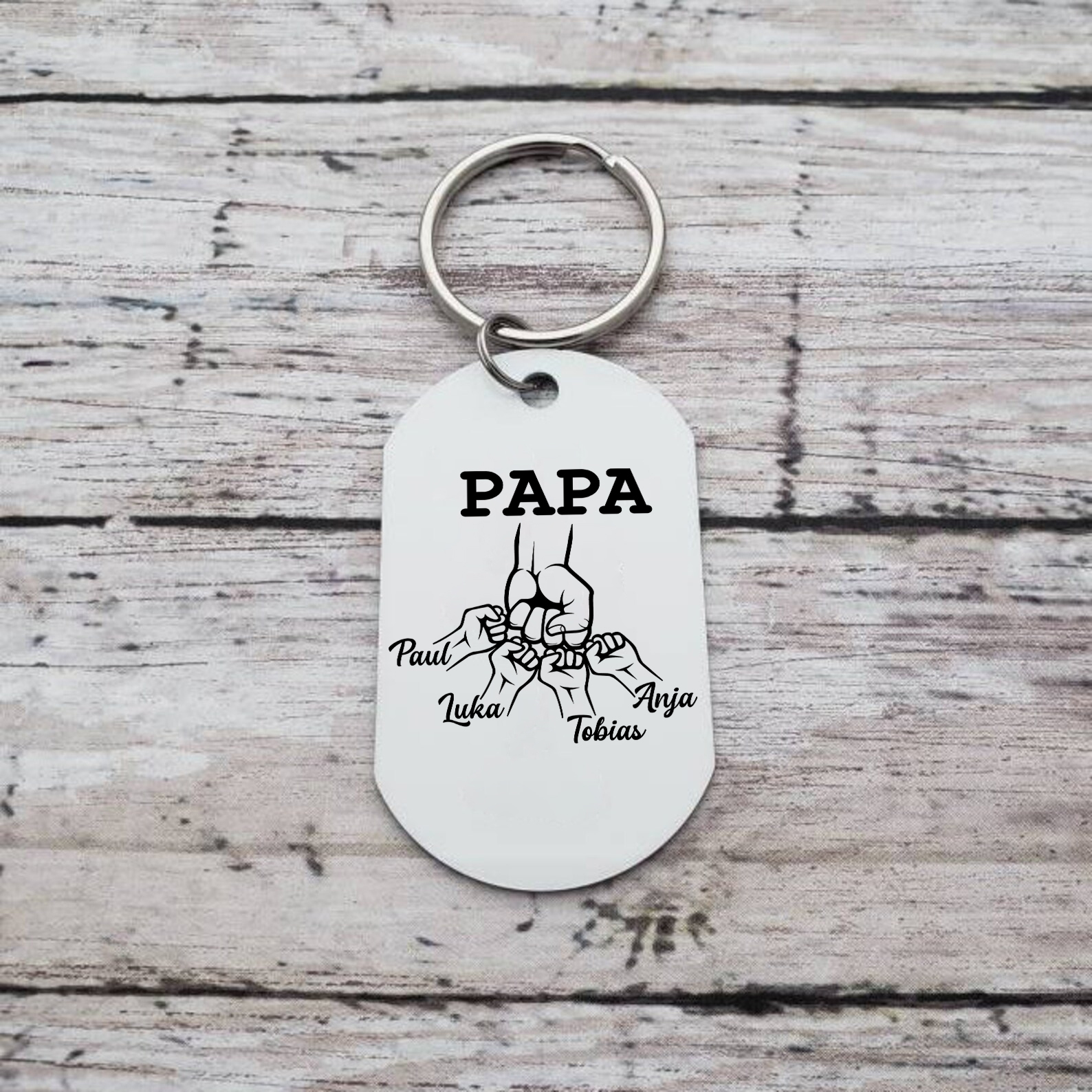 Personalisierbares Foto & 4 Namen Papa Faust Schlüsselanhänger-Geschenk für Vater