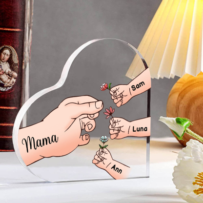 Personalisierte 4 Namen Mama Hand Familie Acryl-Deko Schreibtischdekoration für Mutter