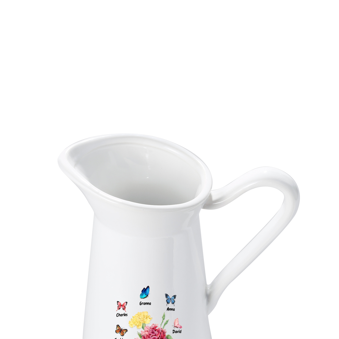 Personalisierte 5 Namen & Text Blumen & Schmetterling Gießvase mit Henkel Familie Vase