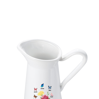 Personalisierte 5 Namen & Text Blumen & Schmetterling Gießvase mit Henkel Familie Vase