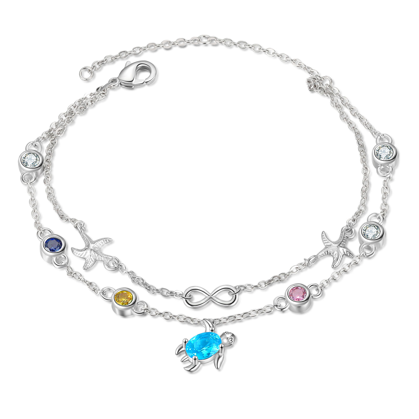 Personalisierte 3 Geburtssteine Seestern & Schildkröte Armband
