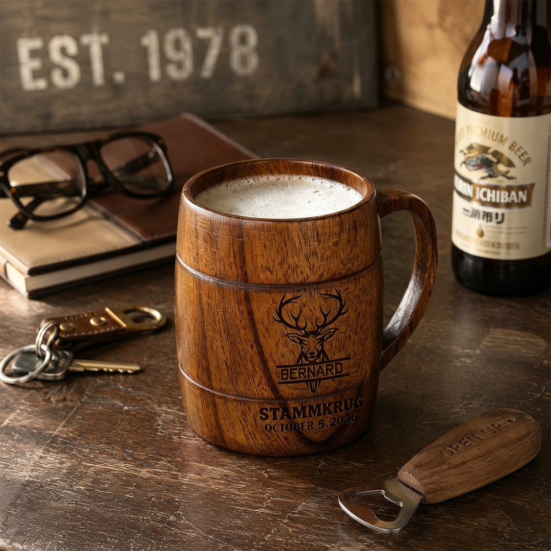 Personalisierter Bierkrug aus Holz mit Namen und Initialen Geschenk für Papa Bierliebhaber und Grillmeister
