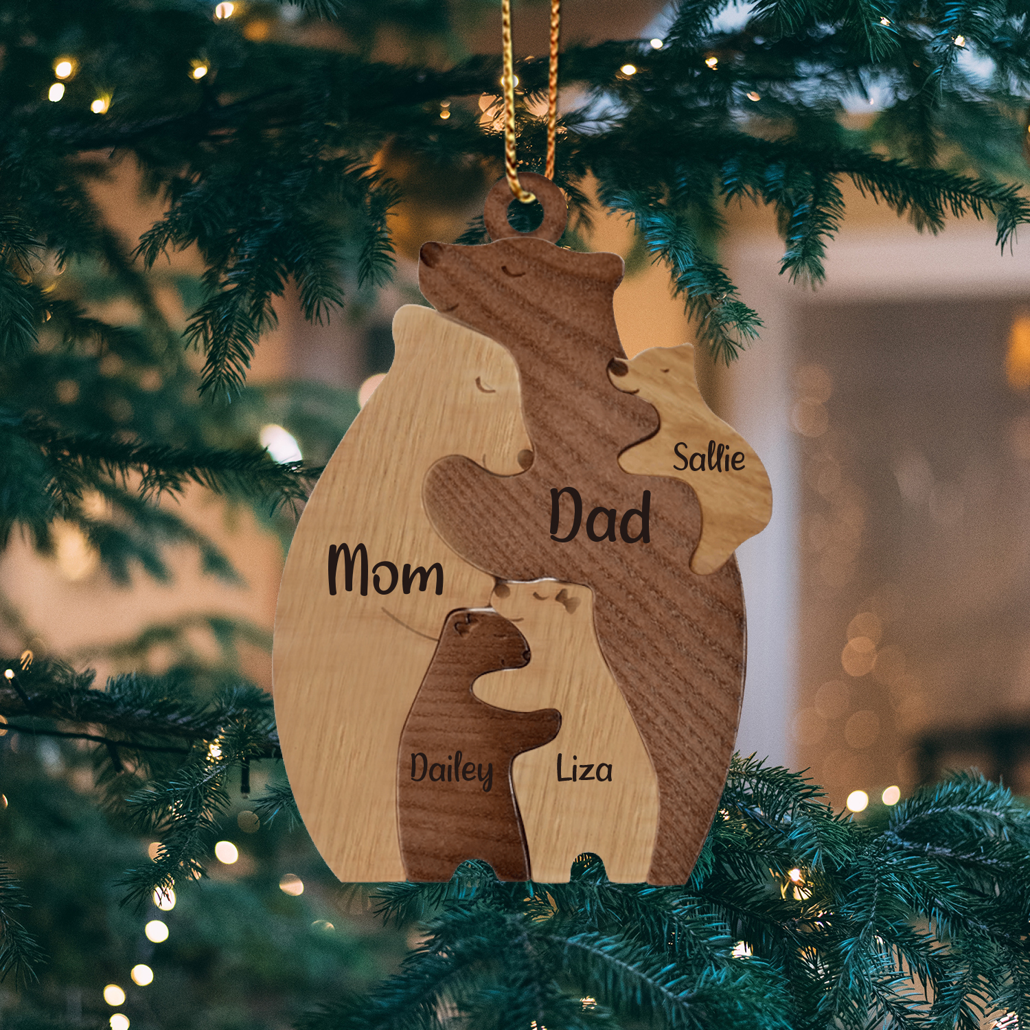 Holz Personalisierte 5 Namen Braunbär Weihnachtsornament mit 5 Familienmitgliedern