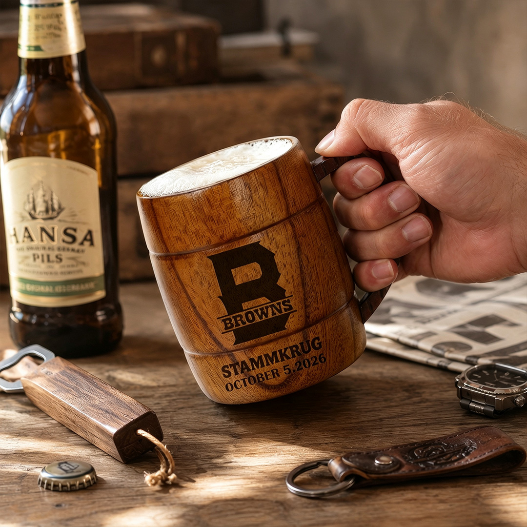 Personalisierter Bierkrug aus Holz mit Namen und Initialen Geschenk für Papa Bierliebhaber und Grillmeister