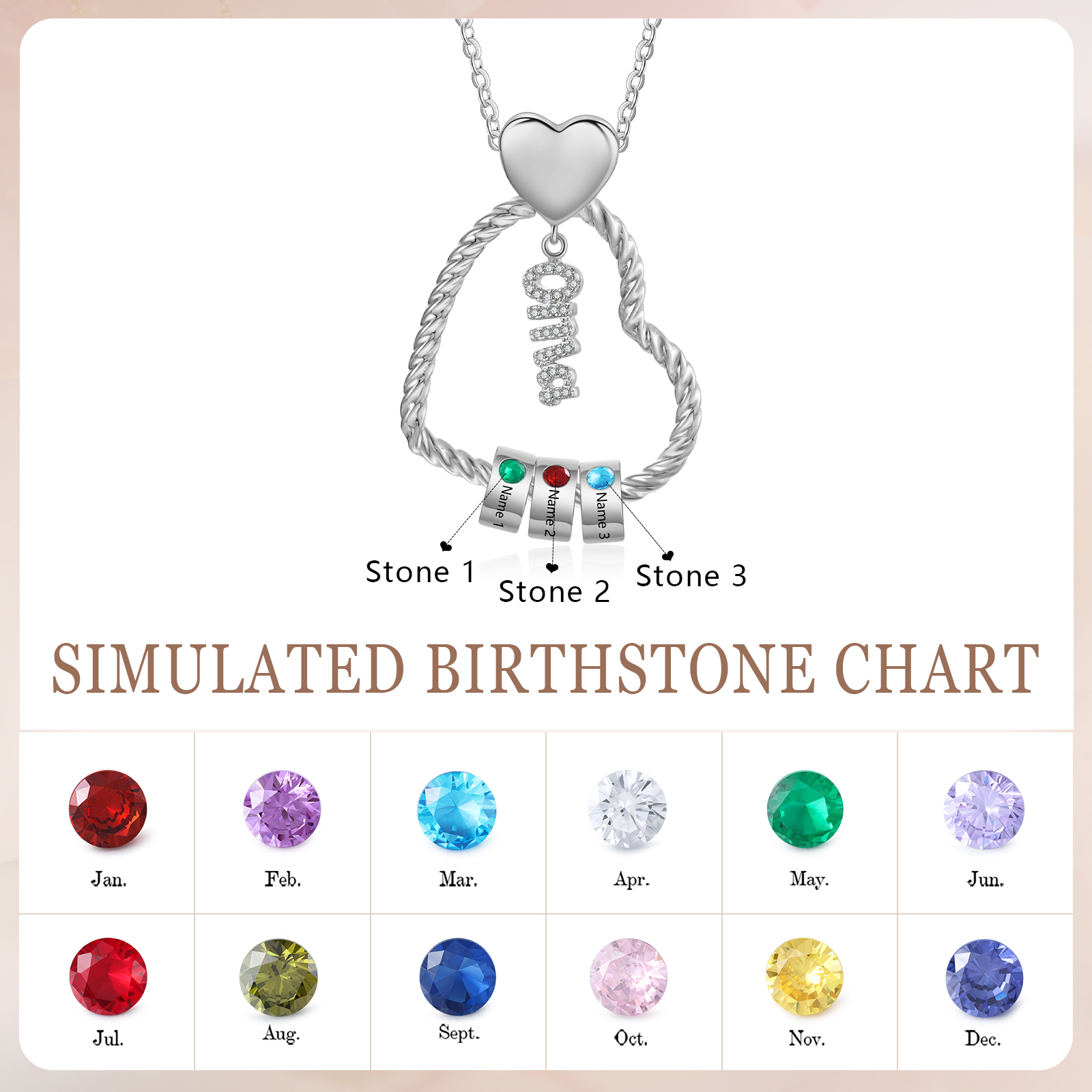 Personalisierte 3 Namen Herz Halskette mit 3 Geburtssteinen - Du machst meine Well bunter. Oma Schön, dass es Dich gibt - Geschenk mit Nachrichtenkarte