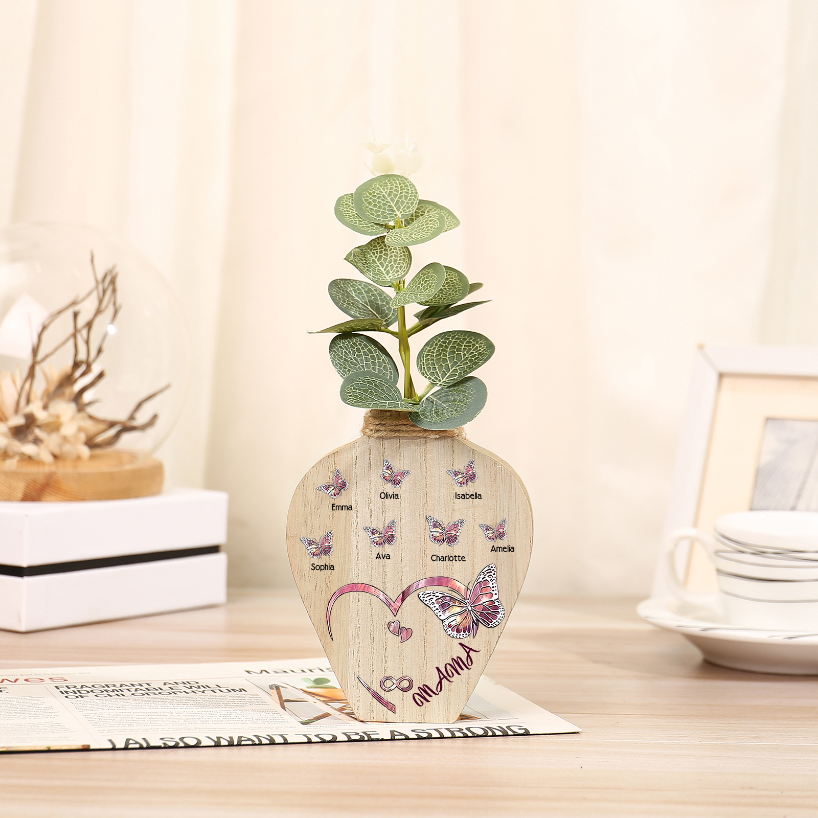 Holz Personalisierter 7 Namen & Text Lila Schmetterling Vase