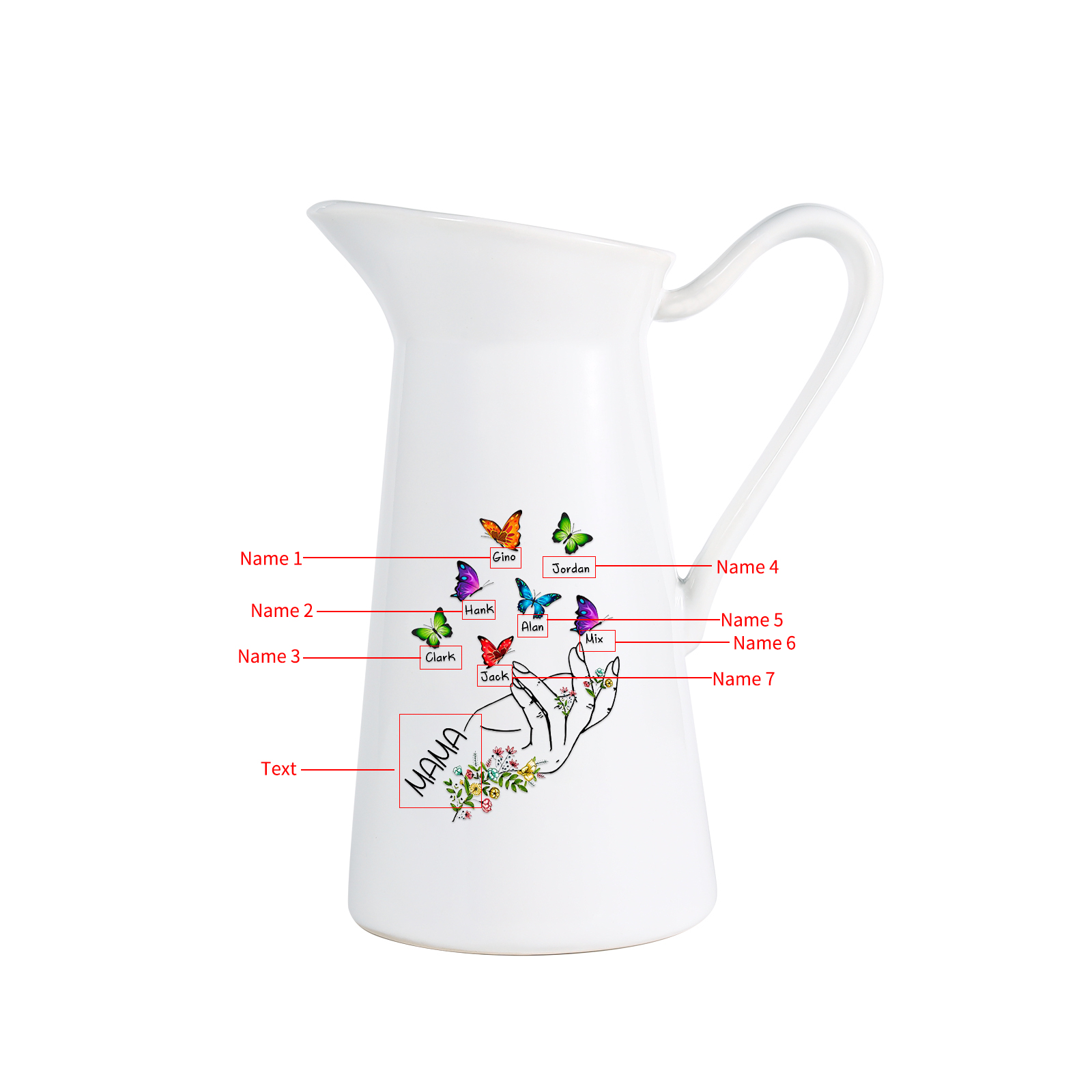 Personalisierte 7 Namen & Text Schmetterling in der Hand Gießvase mit Henkel Familie Vase