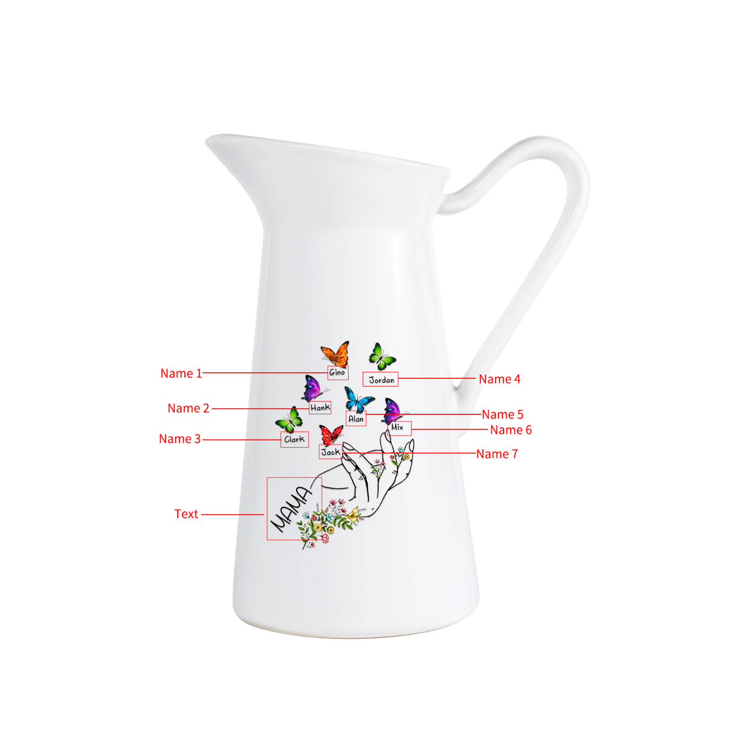 Personalisierte 7 Namen & Text Schmetterling in der Hand Gießvase mit Henkel Familie Vase