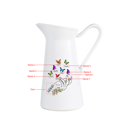Personalisierte 7 Namen & Text Schmetterling in der Hand Gießvase mit Henkel Familie Vase