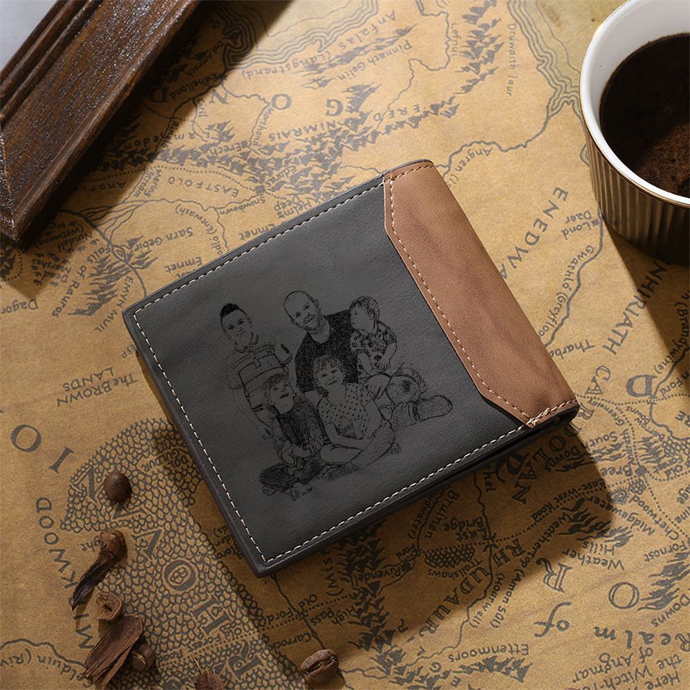 Herren Personalisiertes Foto & 5 Namen Papa Faust Grau Leder Geldbörse-Geschenk für Vater