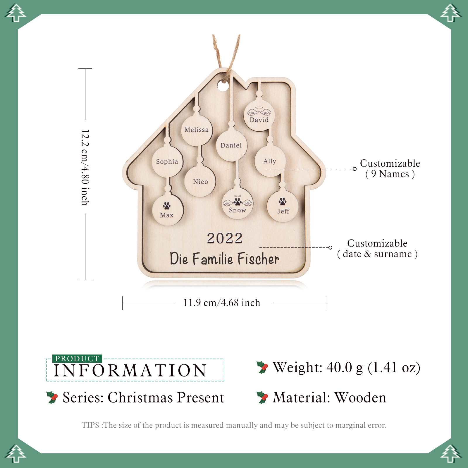 Holz Weihnachtsornament-Personalisiertes 9 Namen Text Jahr Haus Ornament Anhänger 