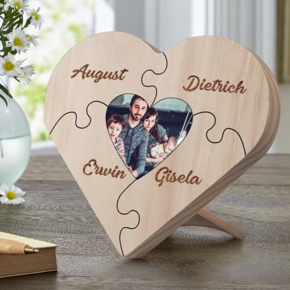 Familie Herzholz-Deko-Personalisiertes Foto & 4 Namen Puzzle Schreibtischdekoration Holz Ornament