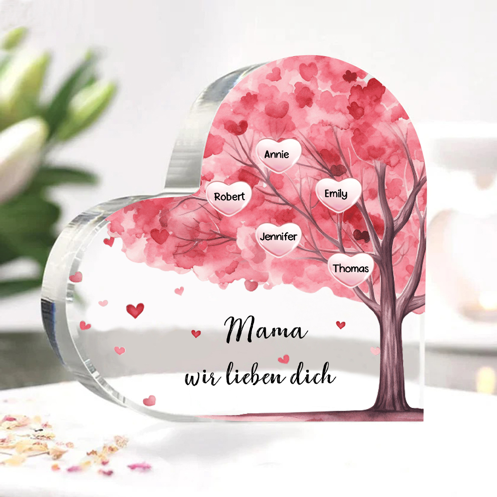 Personalisierte 5 Namen & Text Rosa Familienbaum Familie Acryl-Deko Schreibtischdekoration für Mutter
