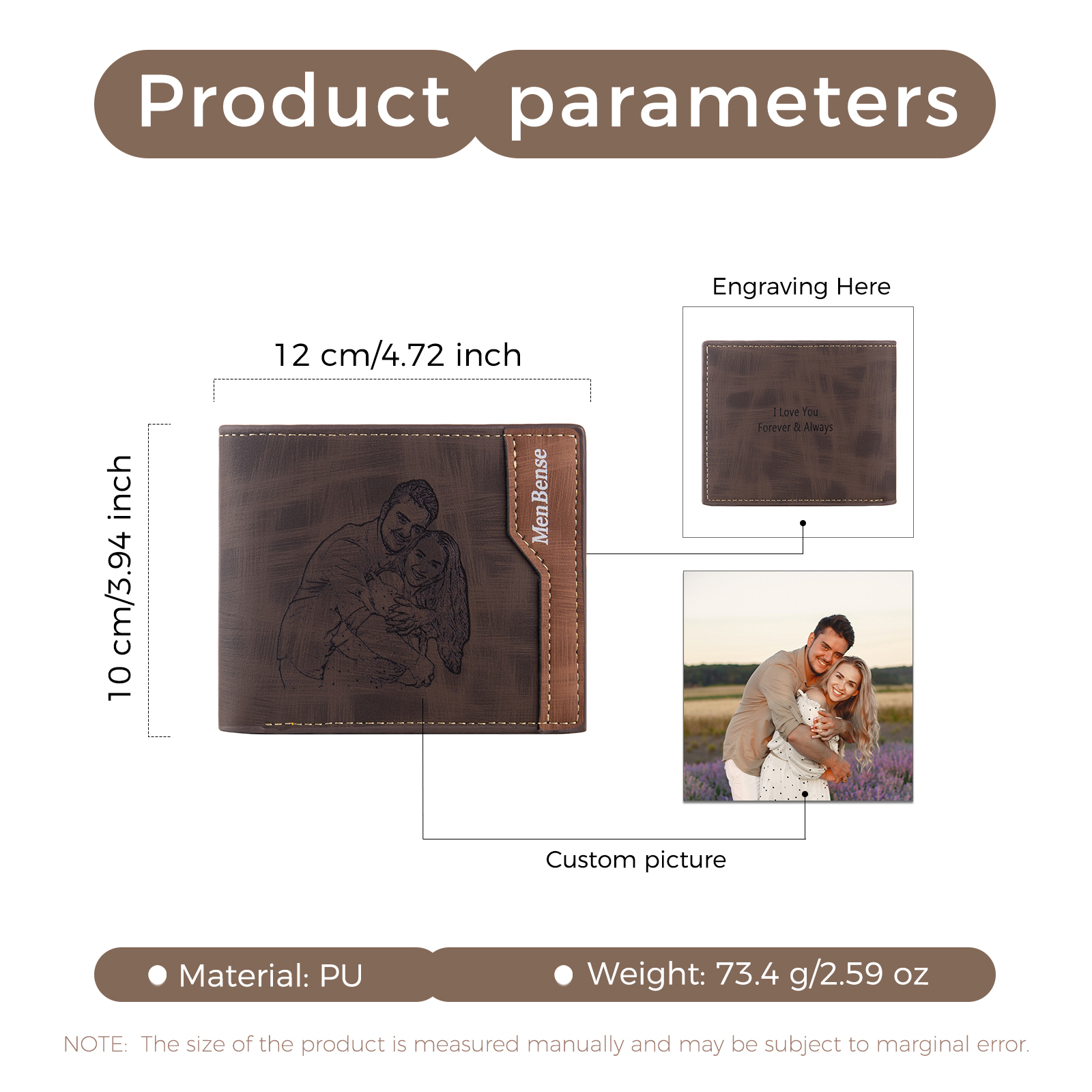 Herren Personalisierte Foto & Text PU Leder kompakte Geldbörse Snap-Geldbörse