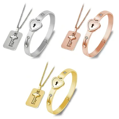 Schlüssel zum Herzen-Schlüssel Halskette und Liebesschloss Armband Set für Paar 