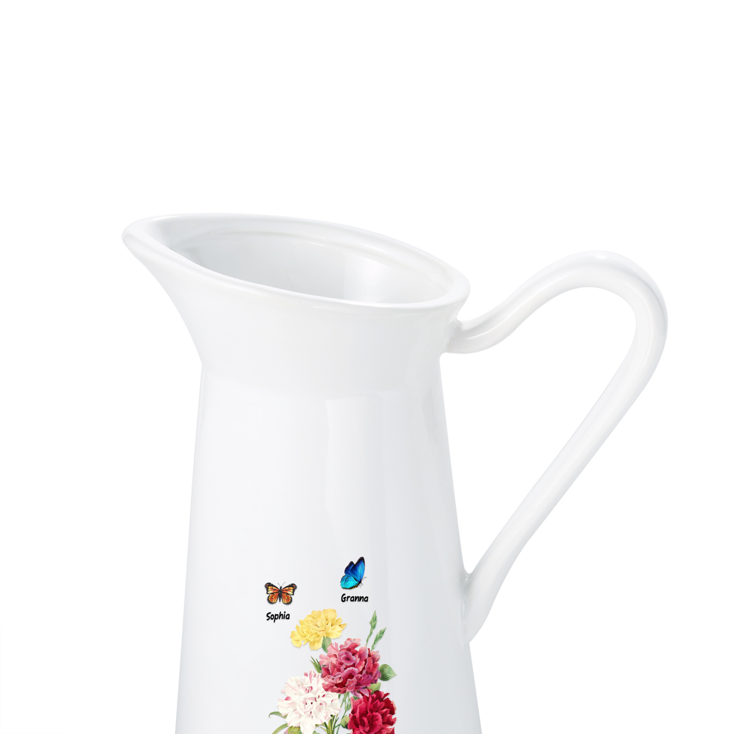 Personalisierte 2 Namen & Text Blumen & Schmetterling Gießvase mit Henkel Familie Vase