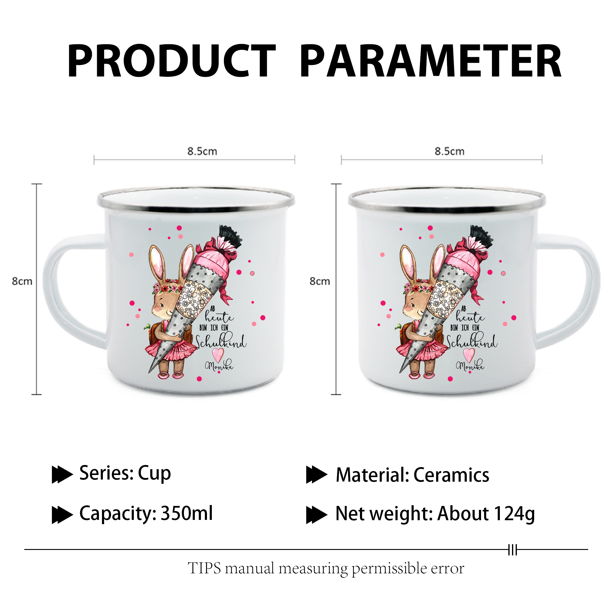 Schulanfang Geschenkset -Personalisierter Name Emaille Tasse & 20 cm Lineal & Löwenzahn Armbänder Set - Geschenk für Schulkind mit Geschenk Box