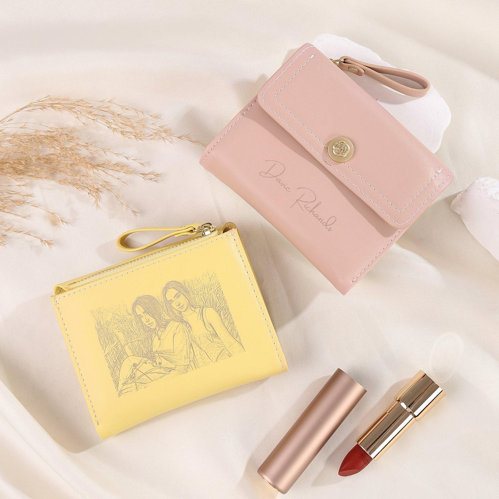 Damen Personalisierter Text & Foto PU Leder Klapp-Portemonnaie Geldbörse mit Reißverschluss