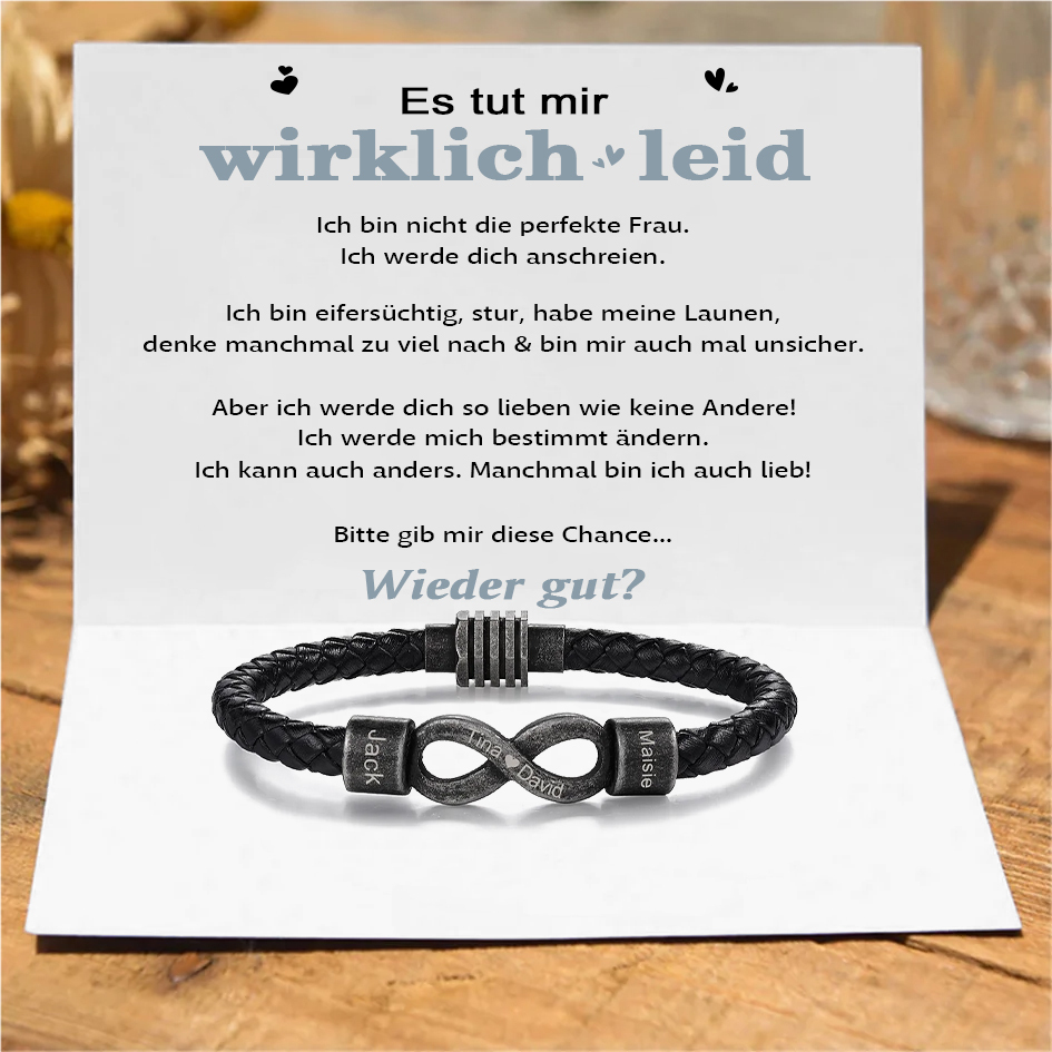 Herren Personalisierte 2 Namen & Text Leder Infinity vintage Armband-Es tut mit wirklich leid Bitte gib mir diese Chance-Geschenk mit Nachrichtenkarte