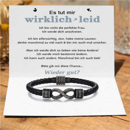 Herren Personalisierte 2 Namen & Text Leder Infinity vintage Armband-Es tut mit wirklich leid Bitte gib mir diese Chance-Geschenk mit Nachrichtenkarte
