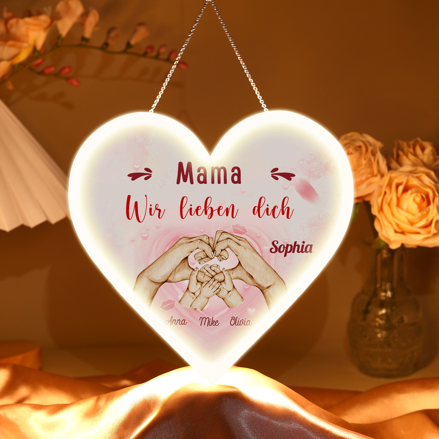 Personalisierte 4 Namen & 2 Texte Familie Hand in Hand Herz Ornament Licht Acryl Hängender Wandlampe Geschenk für Mutter