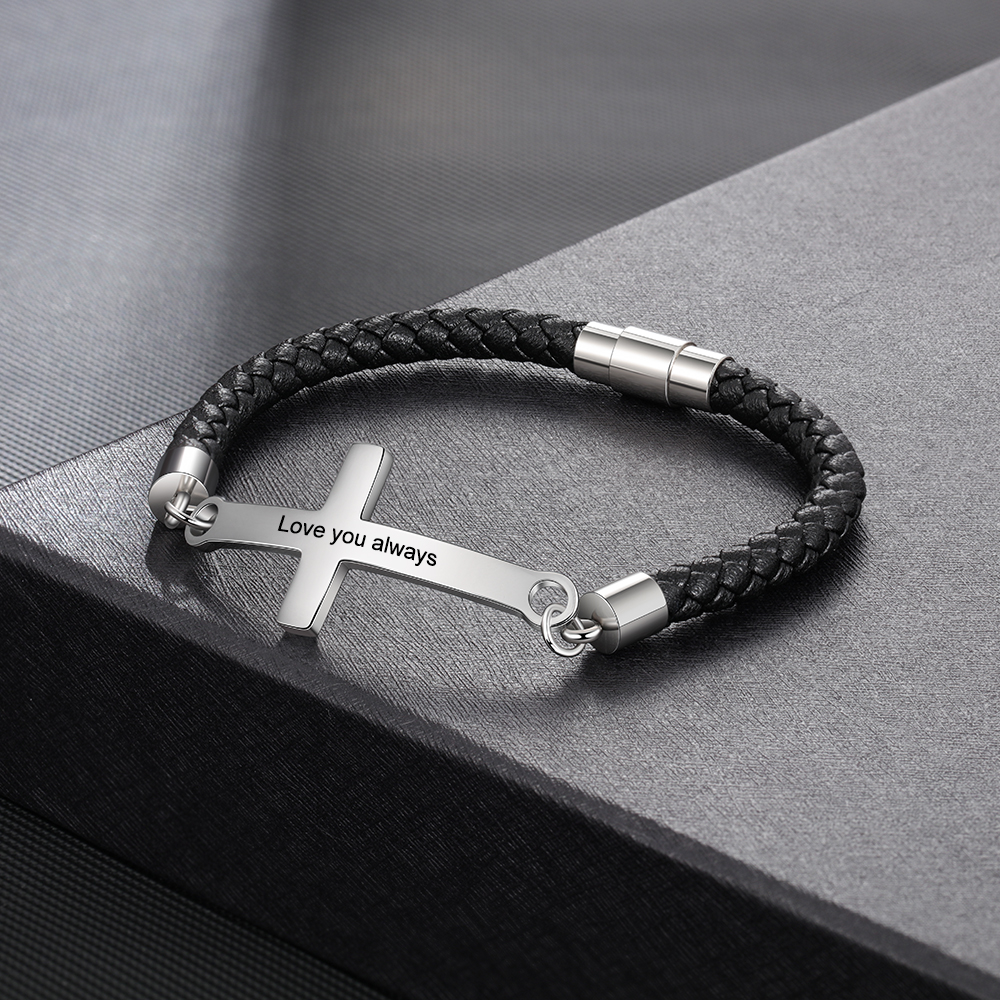 Kommunion Herren Lederarmband mit Kreuz personalisierter Armband mit Grauvr