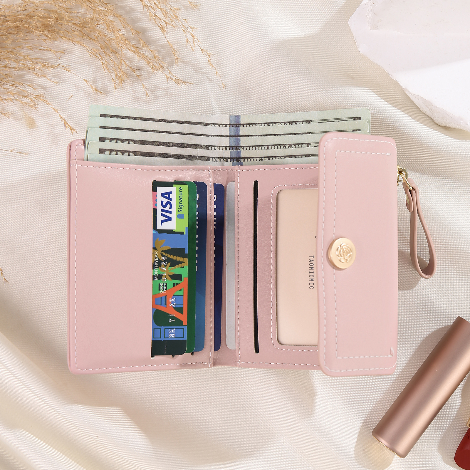 Damen Personalisierter Text & Foto PU Leder Klapp-Portemonnaie Geldbörse mit Reißverschluss