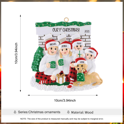 Holz Personalisierte 5 Namen & Jahr & Text Kamin Weihnachtsornament Weihnachtsbaum Anhänger mit 4 Familienmitgliedern und 1 Hund