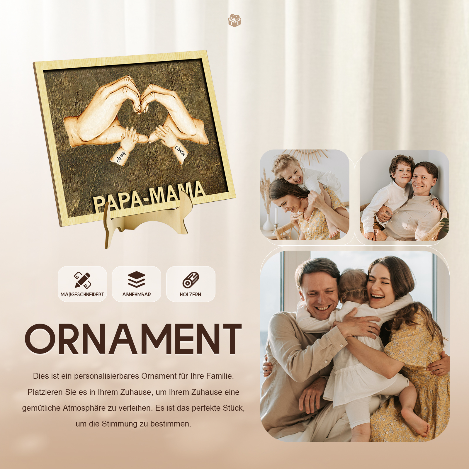 PAPA-MAMA Holz Deko-Personalisierbare 2 Namen Ornament Familie Hand in Hand Holzdekoration für Eltern