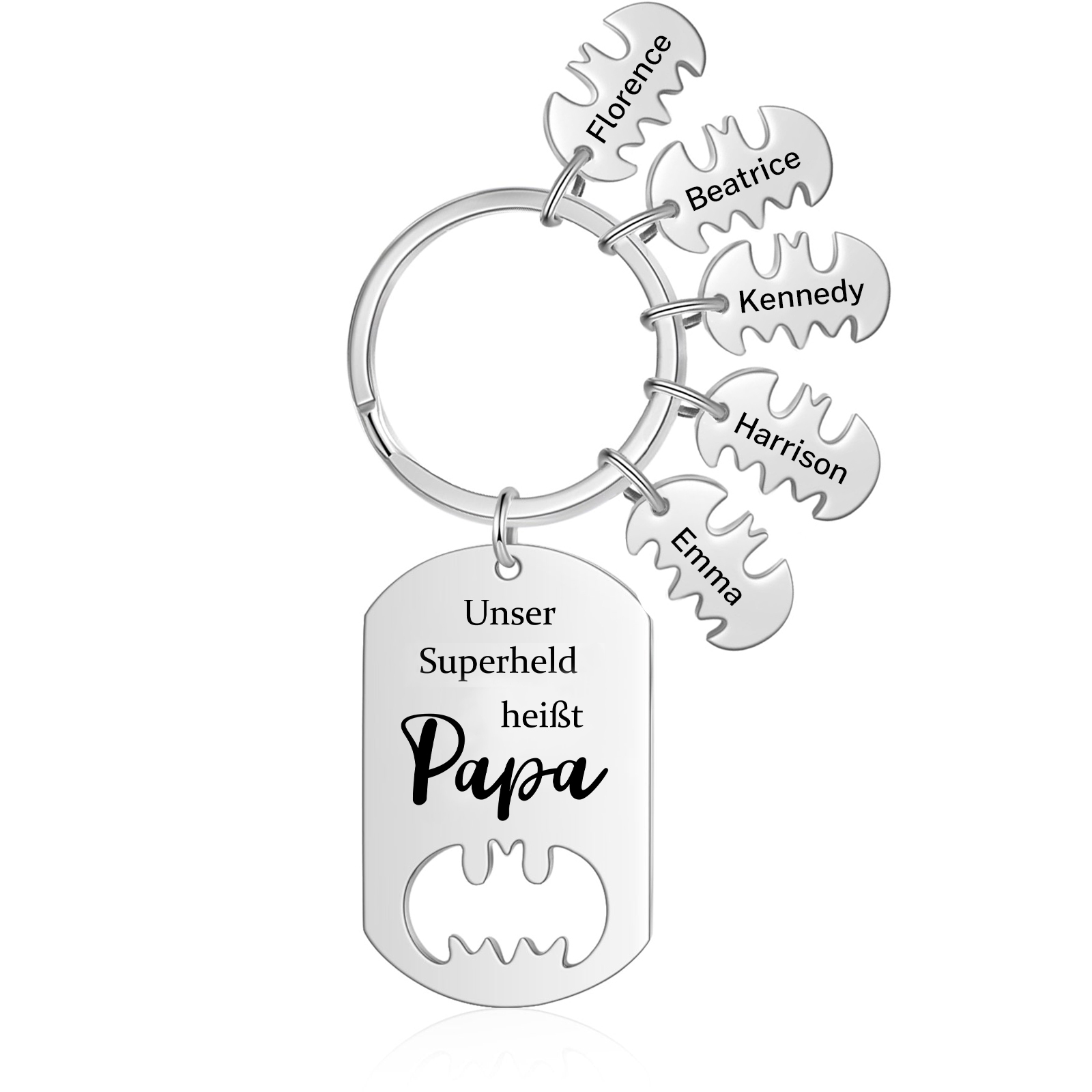 Personalisierbare 5 Namen Unser Superheld heißt Papa Fischgräte Schlüsselanhänger-Geschenk für Vater