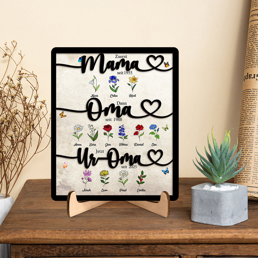 Personalisierte Familien-Holztafel „Erst Mama, dann Oma, jetzt Uroma“ Holzschild mit floralem Motiv
