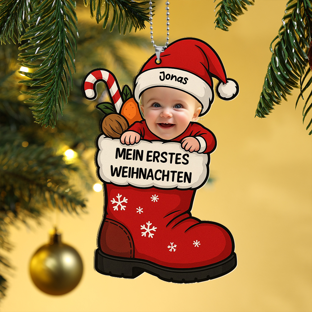 Personalisierbarer Nikolausstiefel-Weihnachtsbaumschmuck „Erstes Weihnachten“ mit Babyfoto