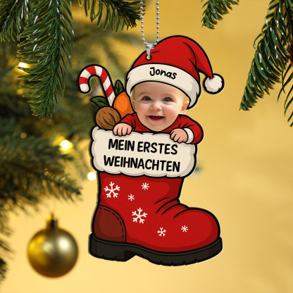 Personalisierbarer Nikolausstiefel-Weihnachtsbaumschmuck „Erstes Weihnachten“ mit Babyfoto