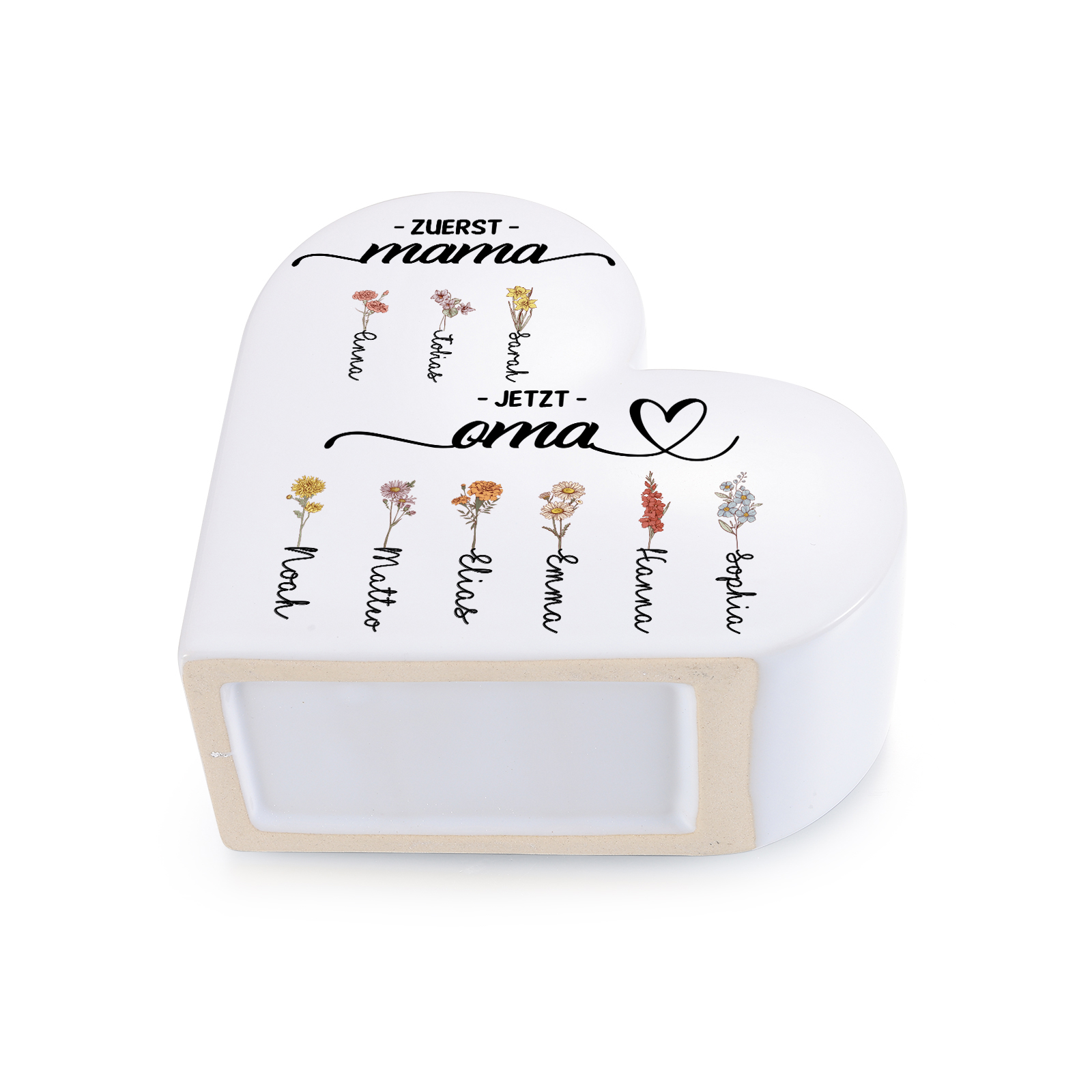 Personalisierte Keramik Herzvase mit 2–12 Geburtsmonat Blumen und Wunschname