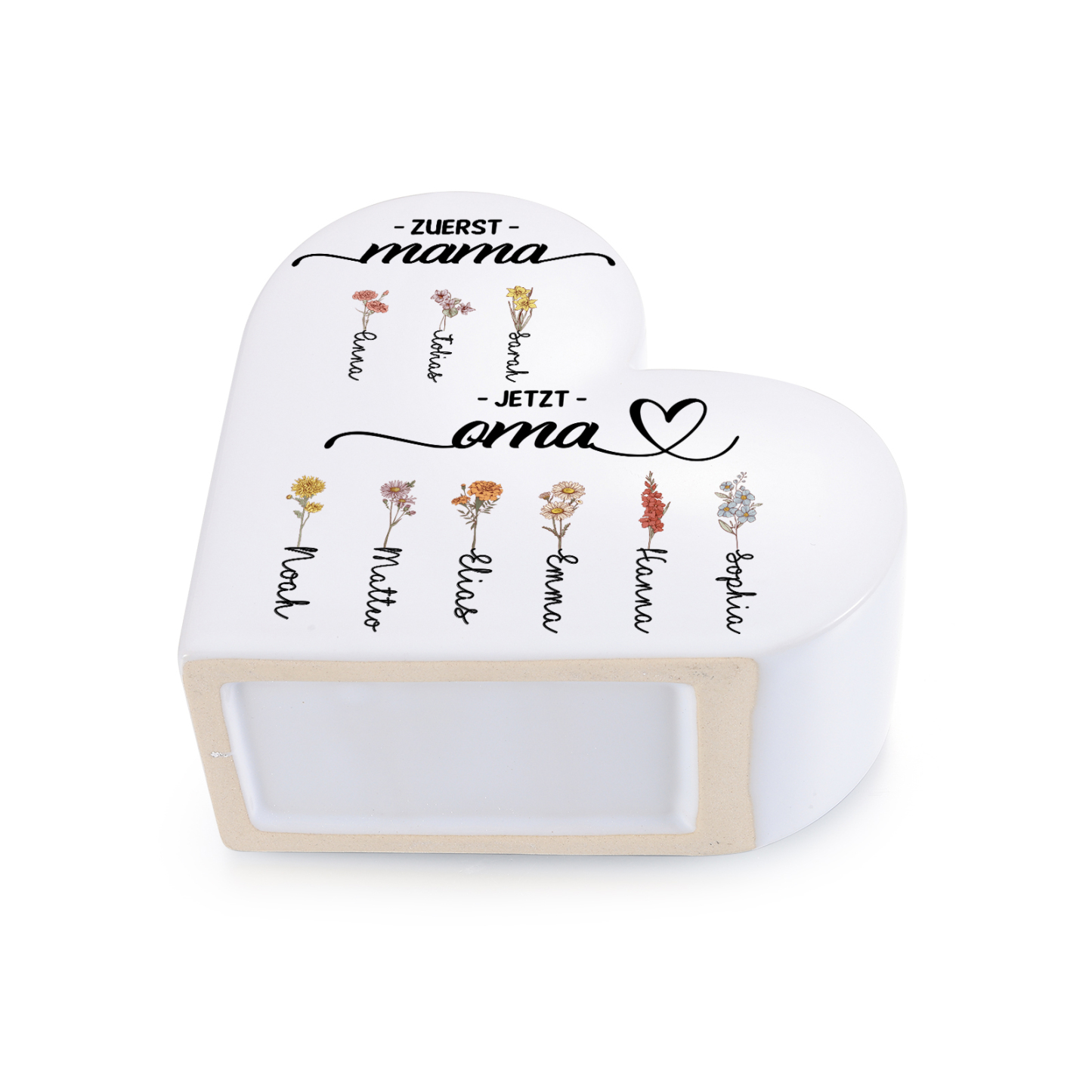 Personalisierte Keramik Herzvase mit 2–12 Geburtsmonat Blumen und Wunschname