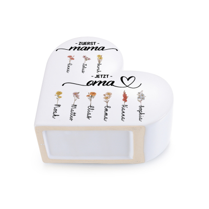 Personalisierte Keramik Herzvase mit 2–12 Geburtsmonat Blumen und Wunschname