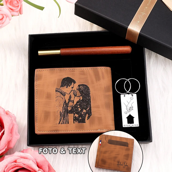 Personalisierte Foto & Text Geldbörse & Foto & 2 Buchstaben & Datum Schlüsselanhänger & Stift Geschenkpackung Geschenkset für Mann Freund