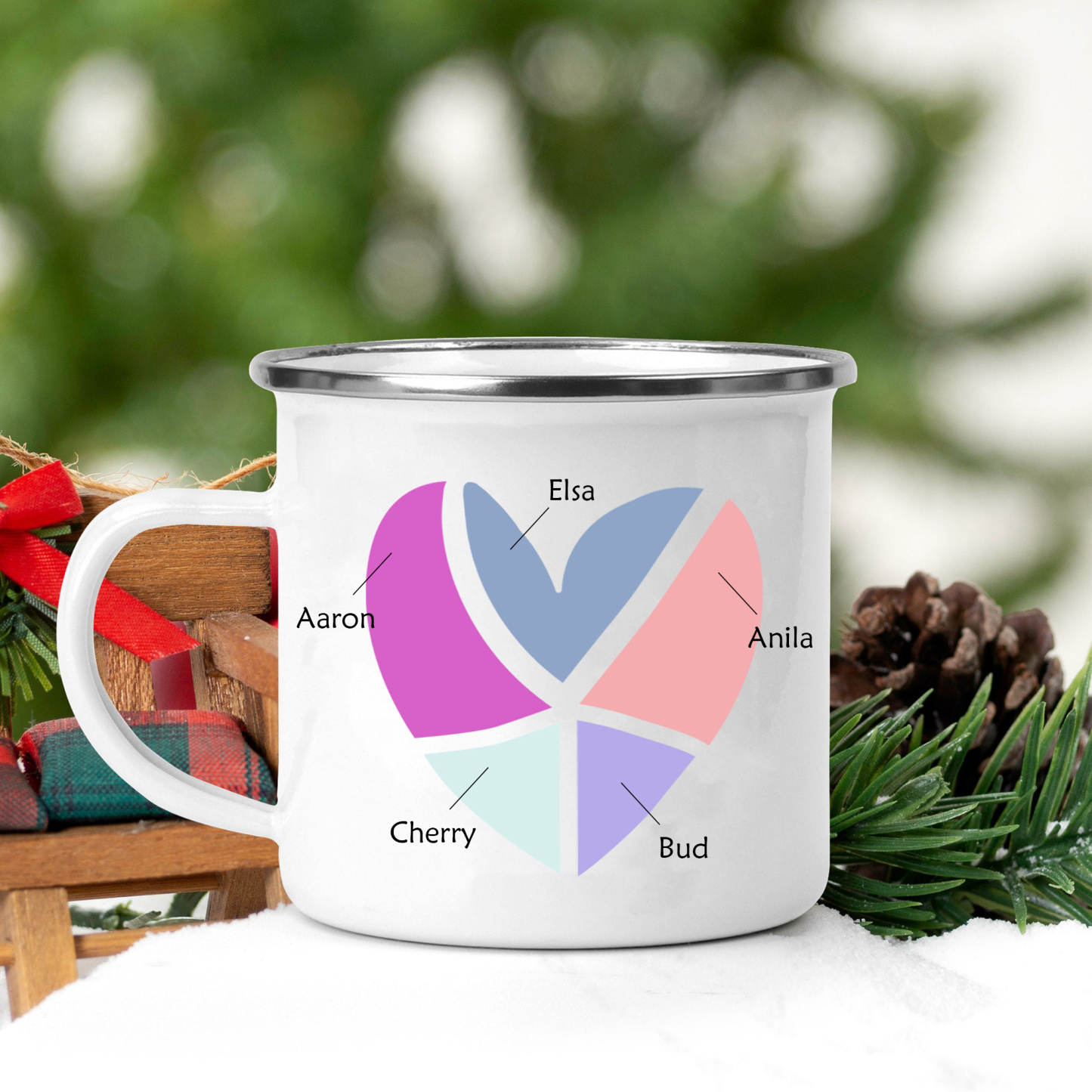 Emaille Tasse-Personalisierte 5 Namen Herz Emaille Becher