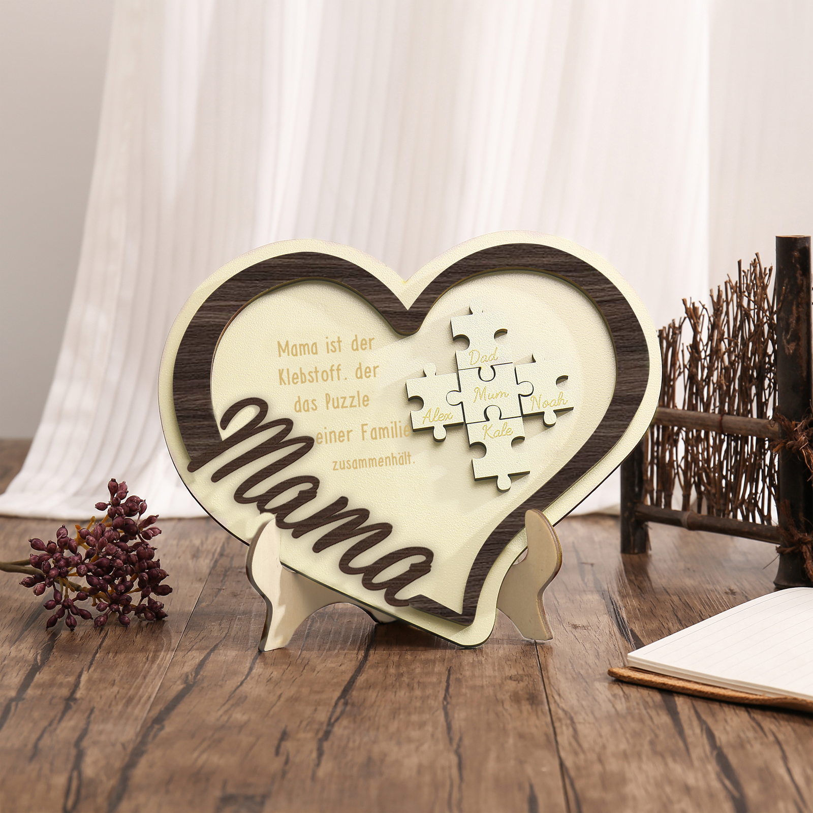 Holz Deko-Personalisierbare 5 Namen Ornament -Mama ist der Klebstoff. der das Puzzle einer Familie zusammenhält- Herz Holzdekoration für Mutter
