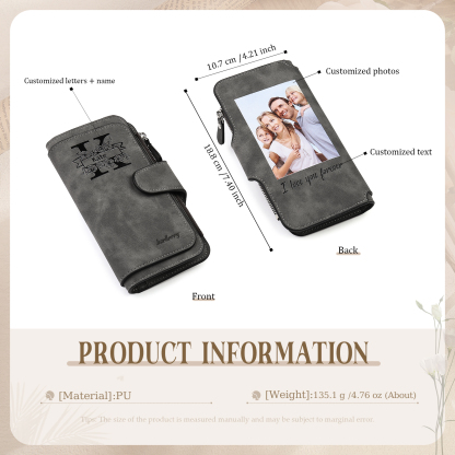 Damen Personalisierter Name & Buchstabe & Foto & Text PU Leder Geldbörse Langes Portemonnaie mit Reißverschluss