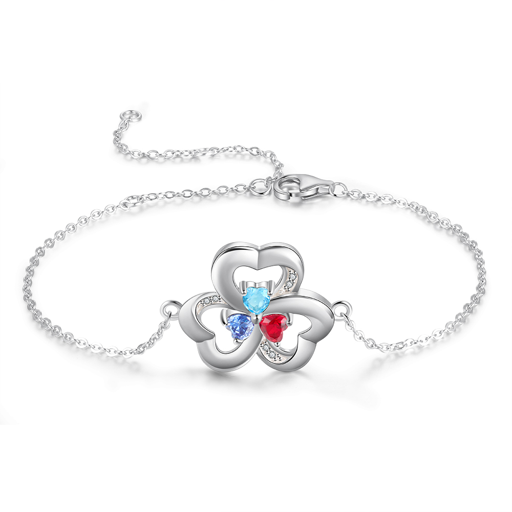 925 Sterling Silber Herzförmiges Armband mit 3Namen und 3 Geburtssteinen