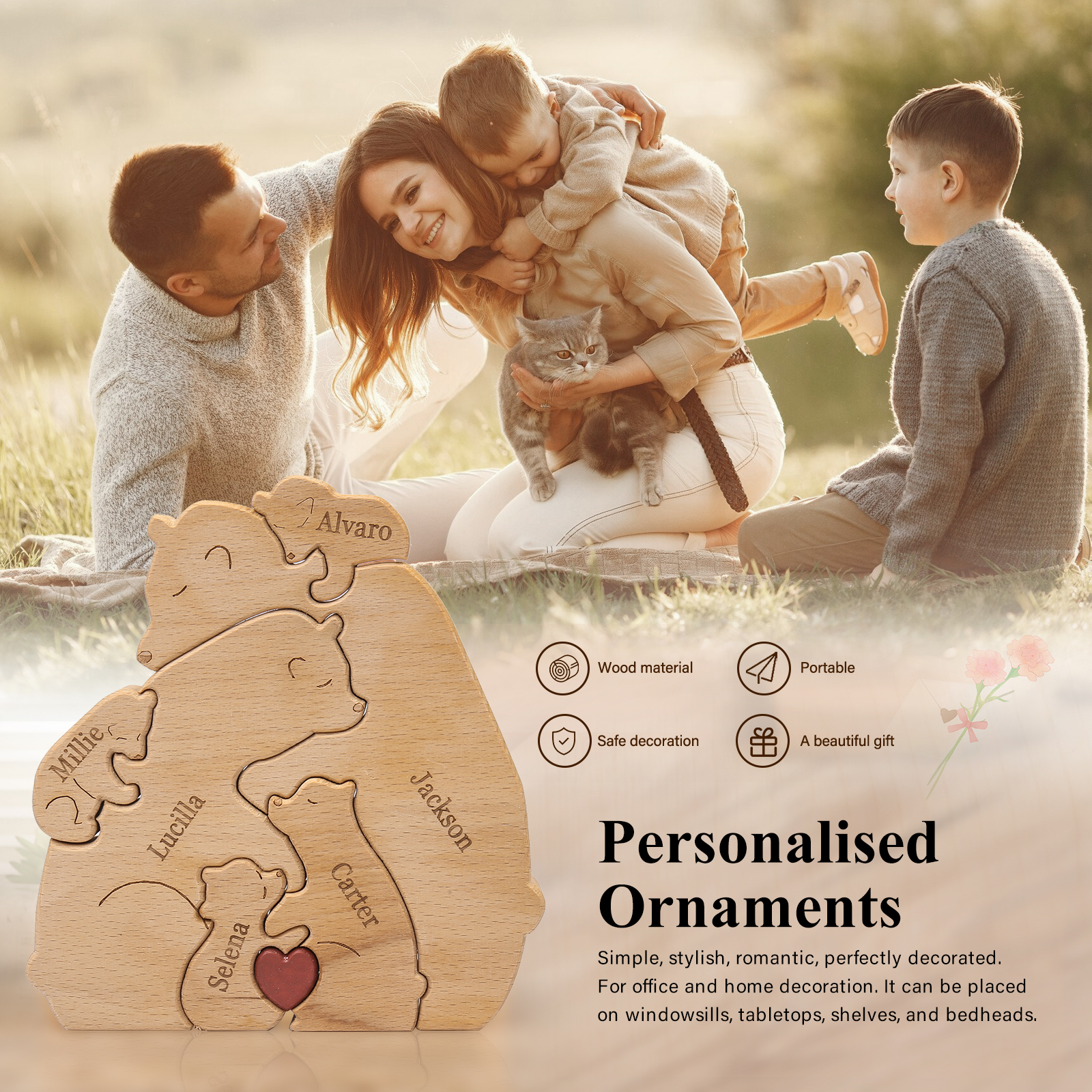 Holzskulptur-Personalisierte 6 Namen Bär Umarmung Familie Holz Deko