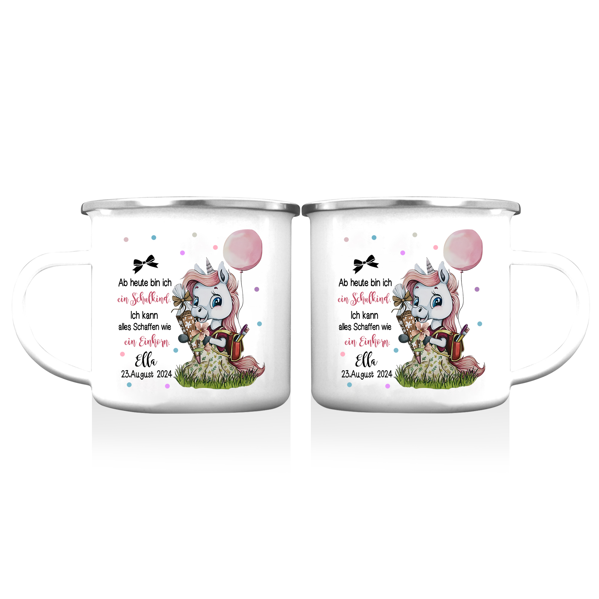 Emaille Tasse-Personalisierter Name & Datum Einhorn Becher - Hurra ab heute bin ich ein Schulkind Ich kann alles schaffen wie ein Einhorn- Geschenk zum Schulanfang