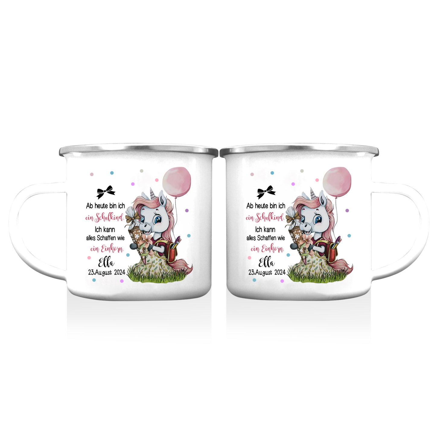 Emaille Tasse-Personalisierter Name & Datum Einhorn Becher - Hurra ab heute bin ich ein Schulkind Ich kann alles schaffen wie ein Einhorn- Geschenk zum Schulanfang