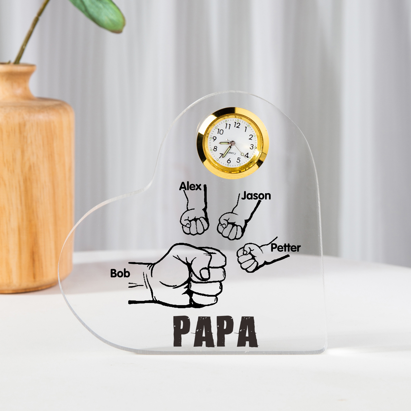 Acryl-Deko mit Uhr Personalisierte 4 Namen Papa Faust Schreibtischdekoration für Vater