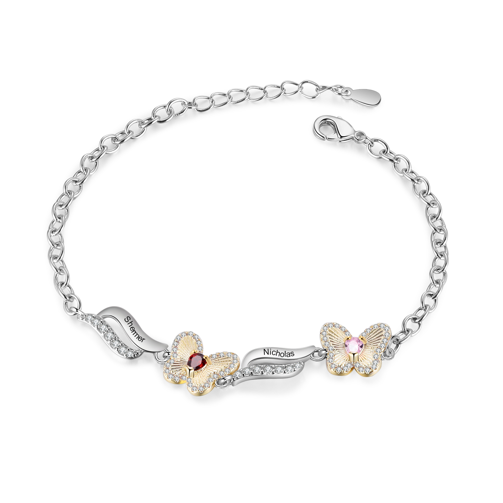 Personalisierte 2 Namen & 2 Geburtssteine Schmetterling Armband mit Zirkonia