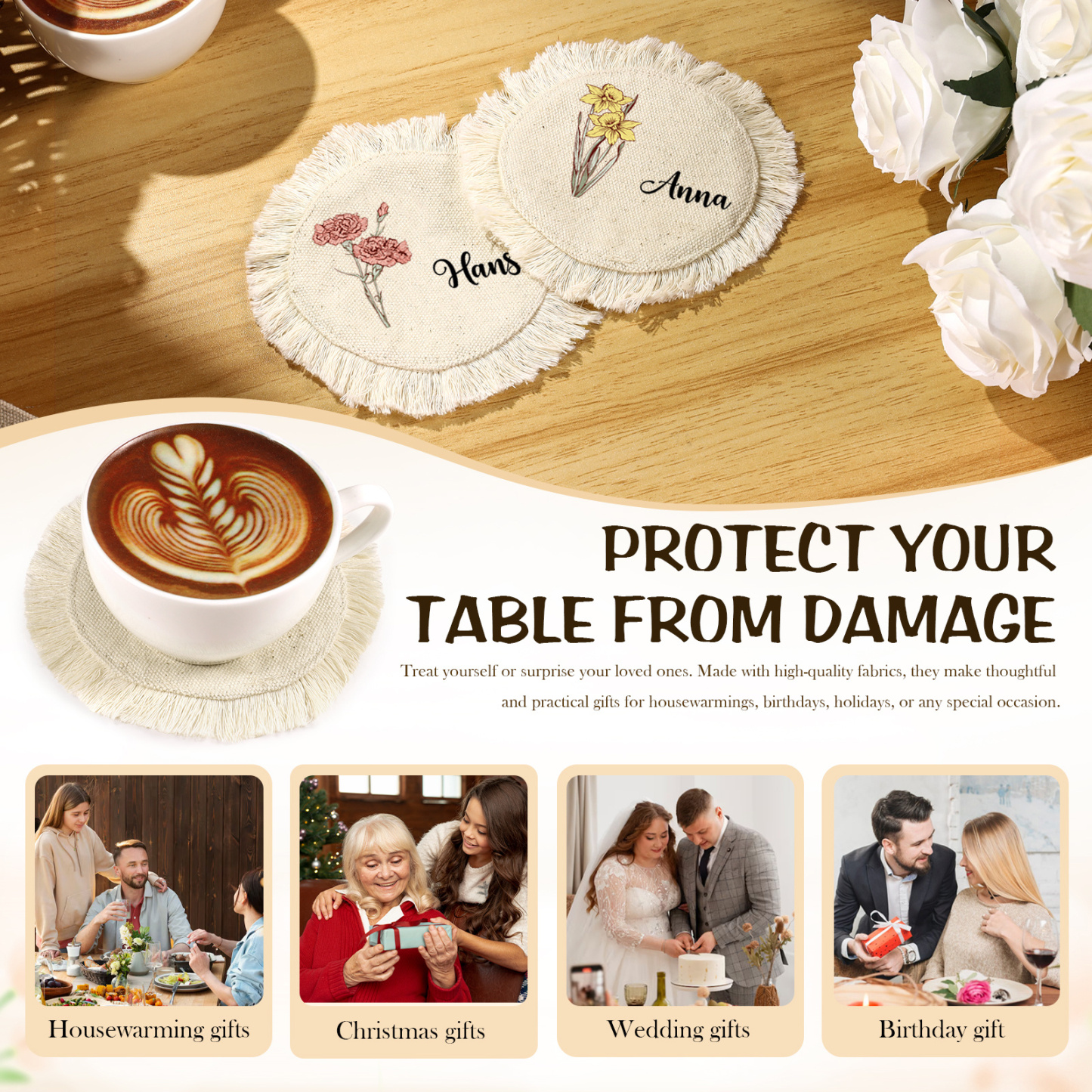 Personalisiertes Weiß Leinen-Tischset Untersetzer Geburtsblumen für Mama Oma