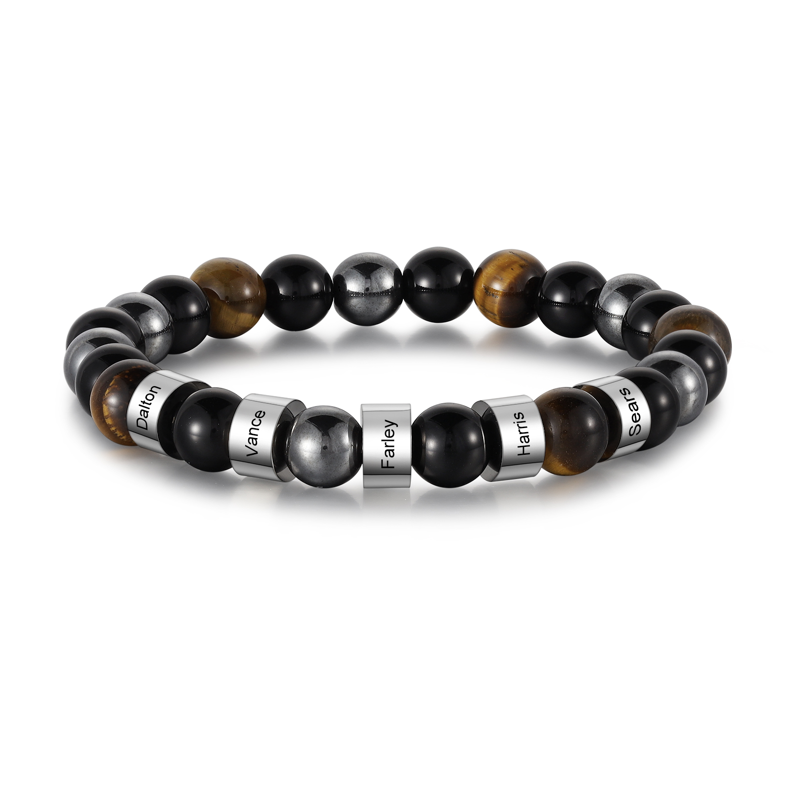 Herren Schmuck-Personalisierte 5 Namen Edelstahl Perlen Armband mit Tigeraugestein & Obsidian