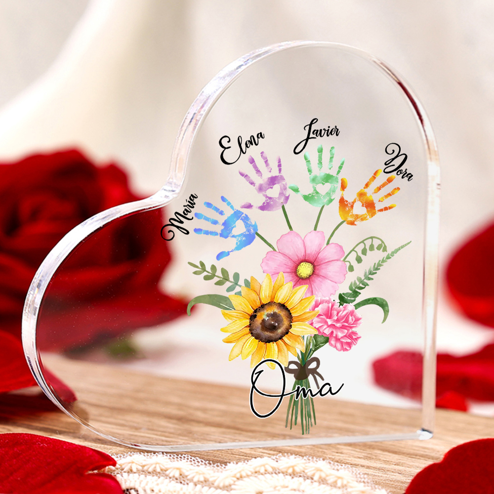 Personalisierter Text & 4 Namen Herz Acryl-Deko Blumenstrauß Familie Schreibtischdekoration für Mutter/Oma