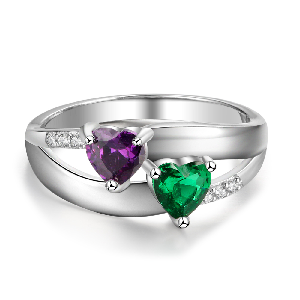 925 Sterling Silber Ring mit 2 Namen und 2 Geburtssteinen mit Gravuren